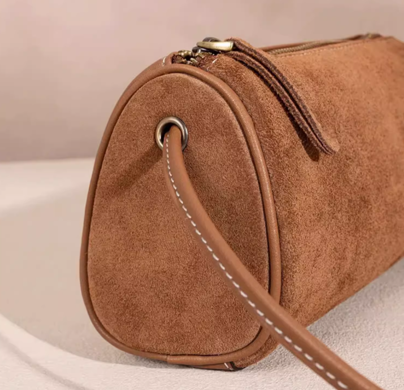 Niche mobile phone bag fashion casual retro suede soft leather cylindrical bag bucket bag shoulder crossbody women's bag