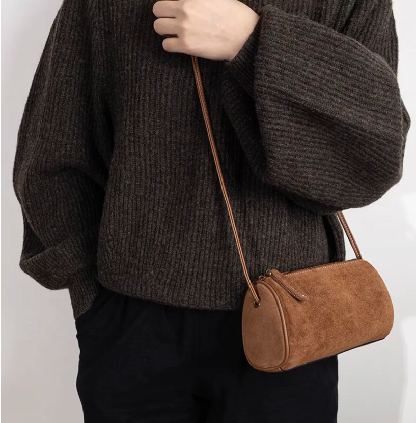 Niche mobile phone bag fashion casual retro suede soft leather cylindrical bag bucket bag shoulder crossbody women's bag